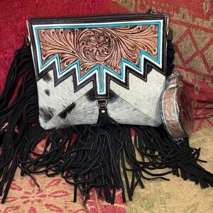 Fringe Crossbody Bag with real cow hide and tooling